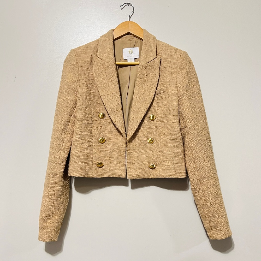 House of Harlow 1960 Neutral Tan Tweed Cropped Blazer Chic Vintage Preppy Small